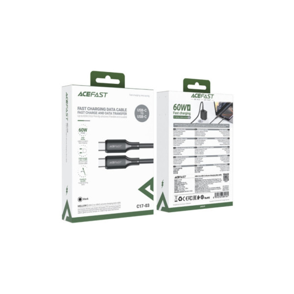 Дата кабель USB-C to USB-C 1.2m 3A 60W silicone black Acefast (6974316284161)