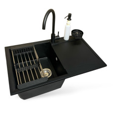 Набір кухонний Adamant Horizon, штучний камінь, прямокут., з крилом, 780х495х230мм, чаша - 1, врізна, антрацит + змішувач + дозатор + ополіскувач склянок + коландер