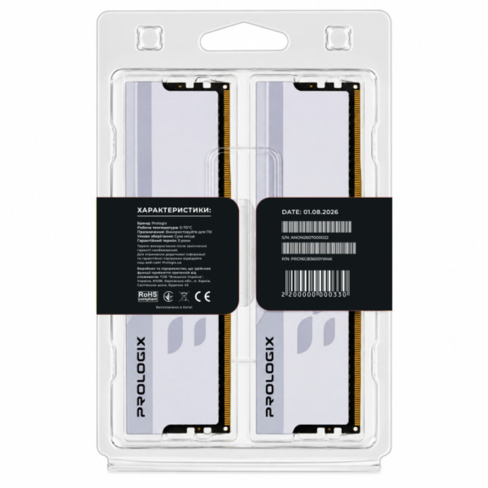 Модуль пам'яті для комп'ютера DDR4 16GB (2x8GB) 3600 MHz Onyx White Prologix (PRO16GB3600YW4K)