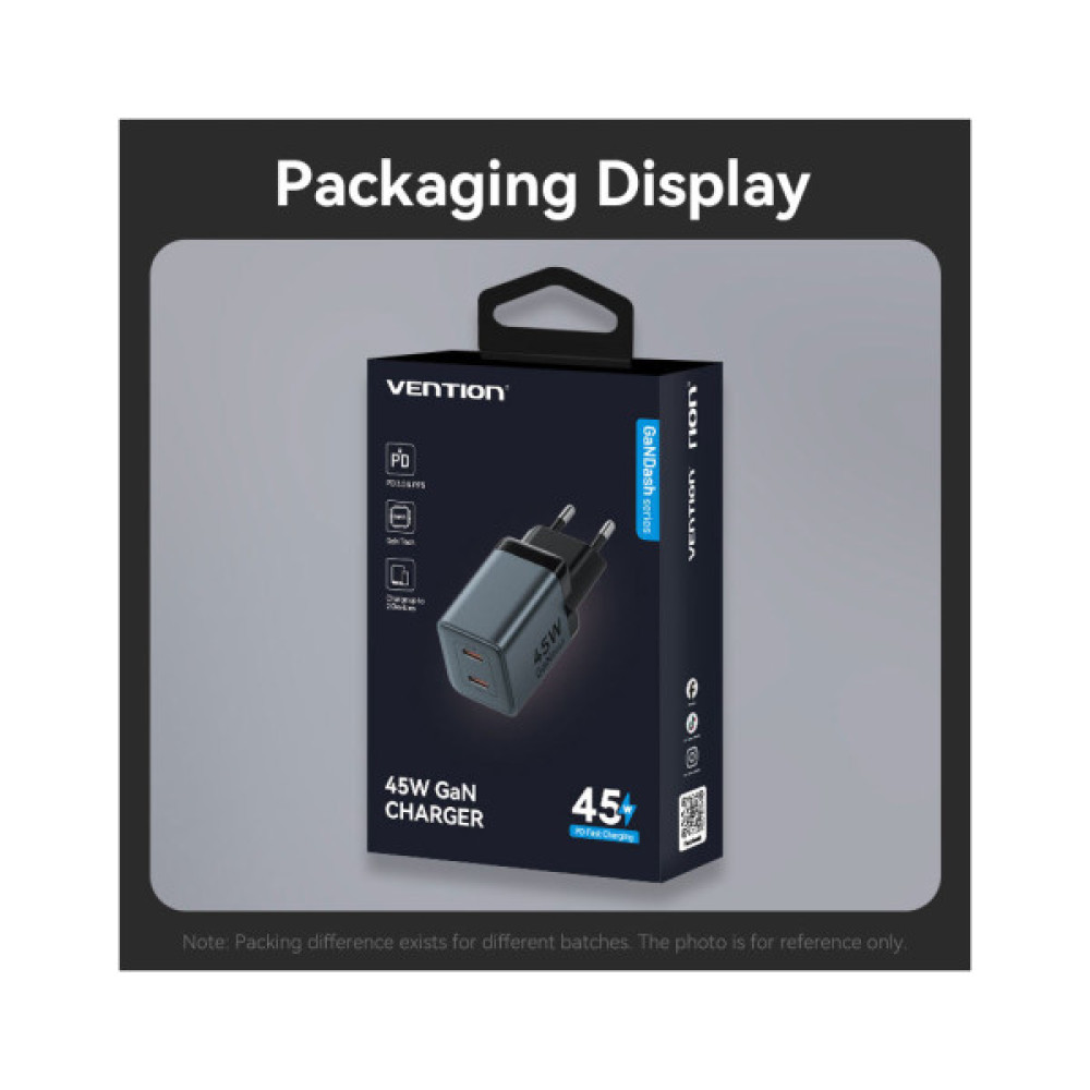 Зарядний пристрій Vention 2xUSB-C PD45W GaN gray (FCDH0-EU)