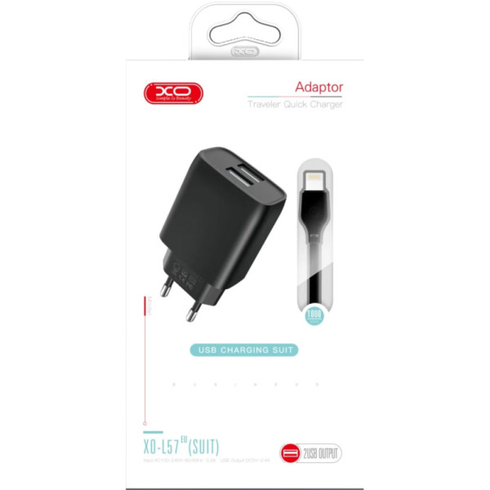 Зарядний пристрій XO L54 2xUSB 12W + cable USB to Lightning black (XO-L57-LGHT-BK)