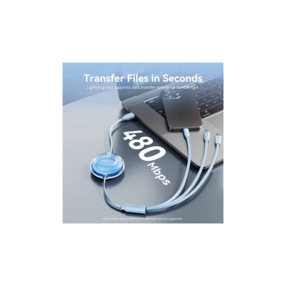 Дата кабель USB 2.0 AM to 2xUSB-C + Lightning 1.0m 3.5A retractable Vention (TRJBBE)