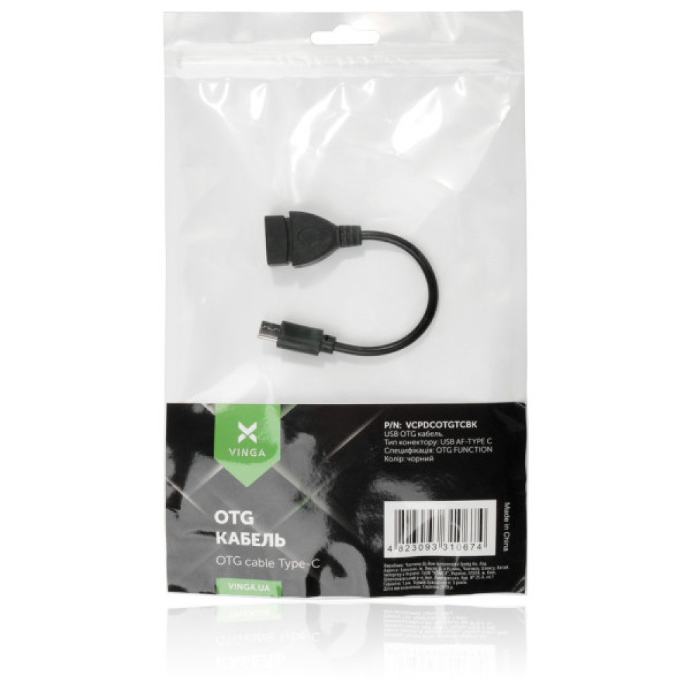 Дата кабель OTG USB 2.0 AF to USB-C 0.1m Vinga (VCPDCOTGTCBK)