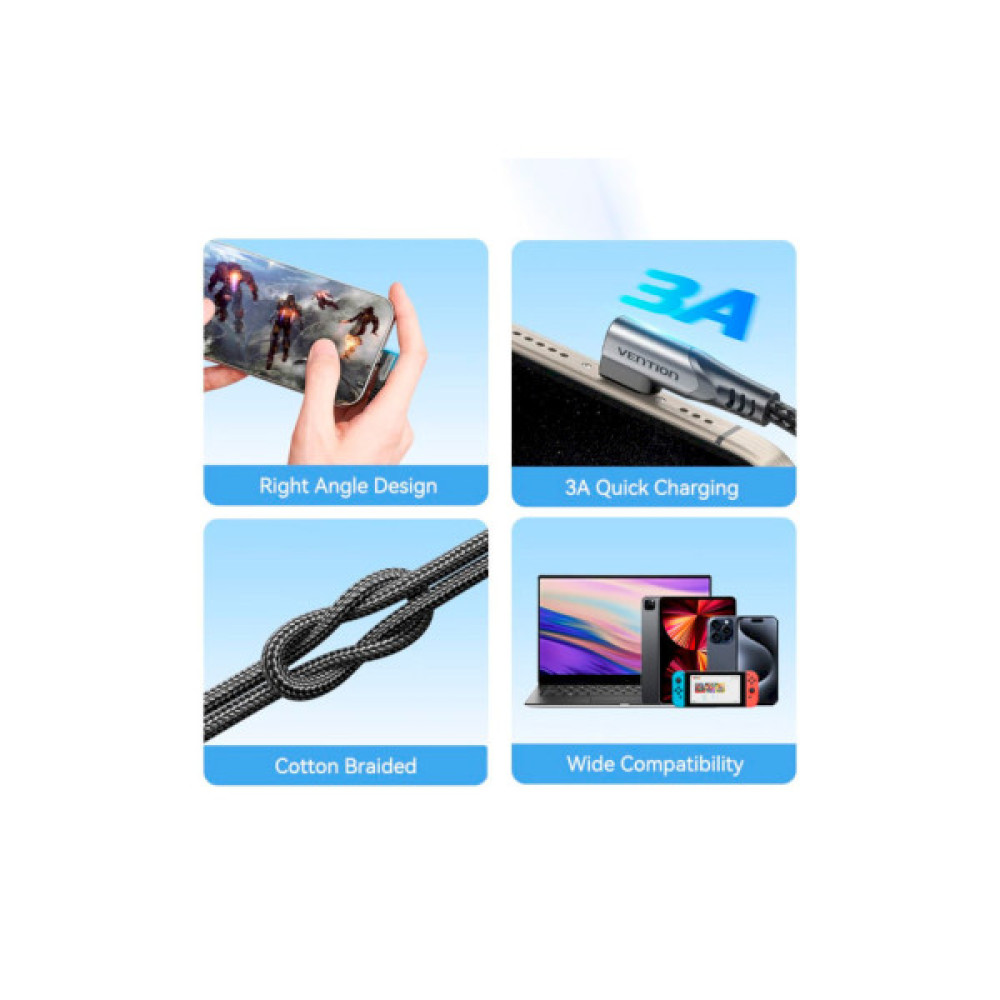 Дата кабель USB-C to USB-C 0.5m USB2.0 60W (20V/3A) angle 90° Gray Aluminum Alloy VENTION (TRAHD)