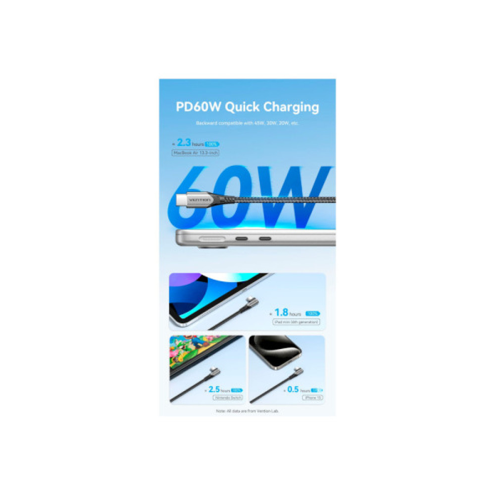 Дата кабель USB-C to USB-C 0.5m USB2.0 60W (20V/3A) angle 90° Gray Aluminum Alloy VENTION (TRAHD)