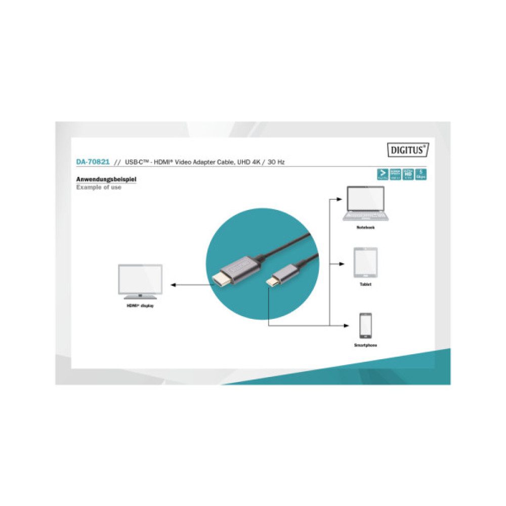 Кабель мультимедійний USB-C to HDMI M 1.8m UHD 4K Digitus (DA-70821)
