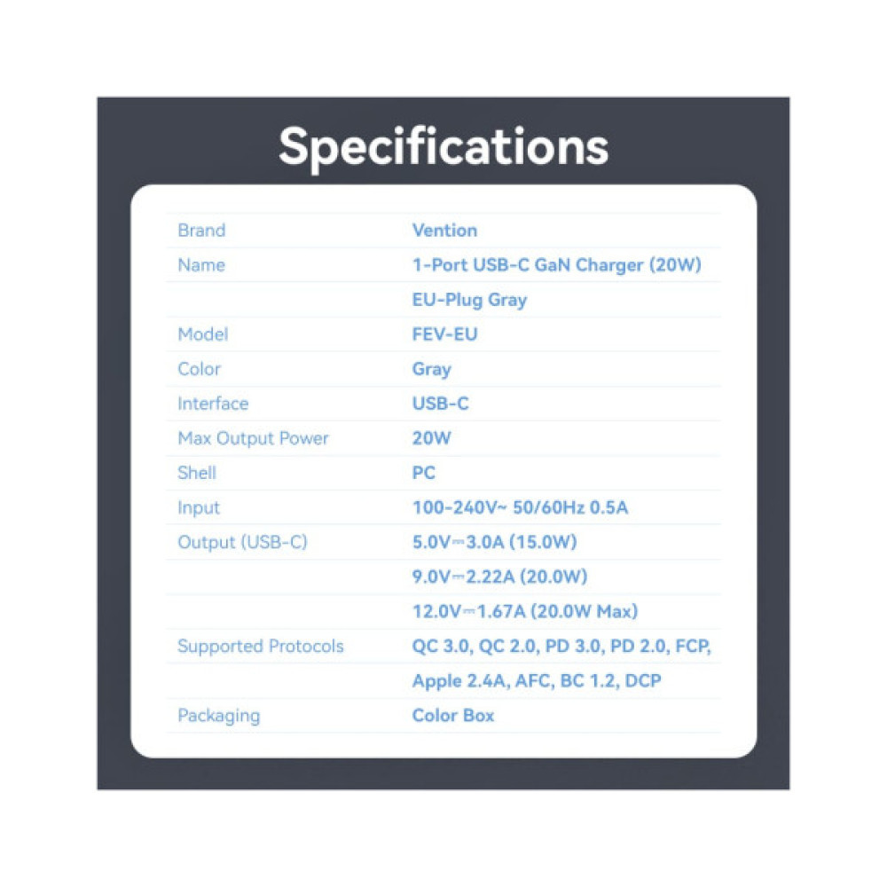 Зарядний пристрій Vention USB-C PD20W GaN gray (FEVH0-EU)