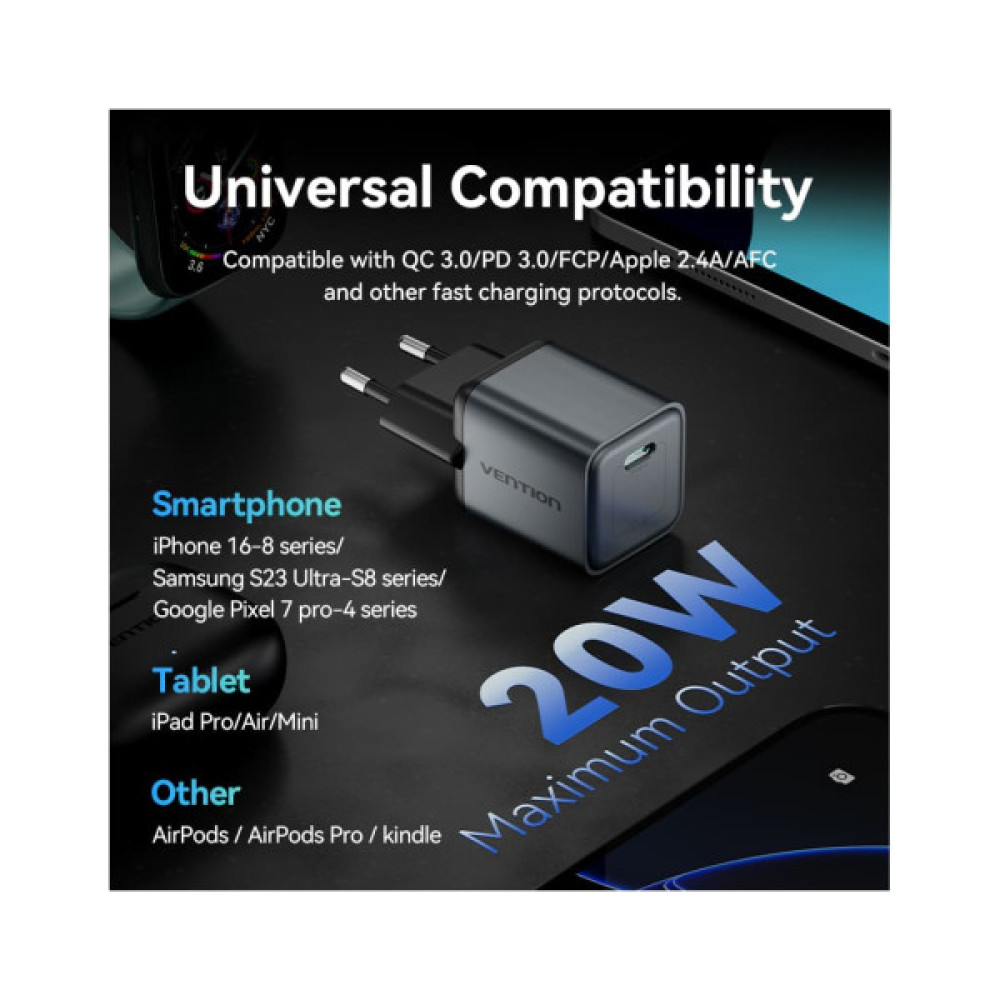 Зарядний пристрій Vention USB-C PD20W GaN gray (FEVH0-EU)