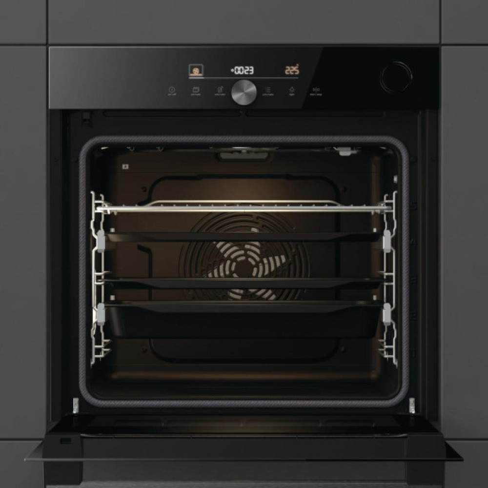 Духова шафа Gorenje електрична, 77л, A+, пара, дисплей, готування на різних рівнях, піроліз, Wi-Fi, чорний