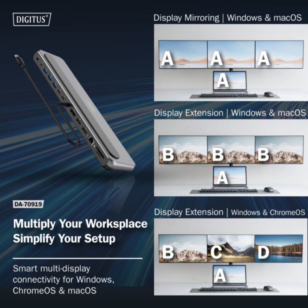 Порт-реплікатор Digitus USB-C > 2xHDMI/1xDP/3xUSB-A/USB-C/RJ54/PD/Audio (DA-70919) Порт-реплікатор Digitus USB-C > 2xHDMI/1xDP/3xUSB-A/USB-C/RJ54/PD/Audio (DA-70919)