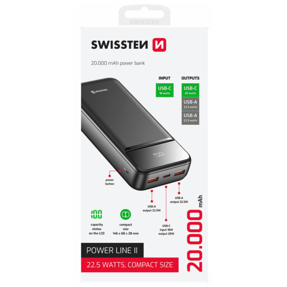 Батарея універсальна SWISSTEN 20000mAh POWER LINE II 22.5W PD QC Black (8595217490628)