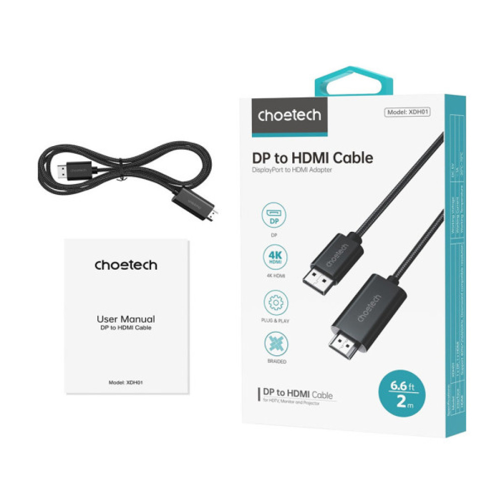 Кабель мультимедійний DisplayPort M to HDMI M 2.0m 4K60Hz Choetech (XDH01-BK)