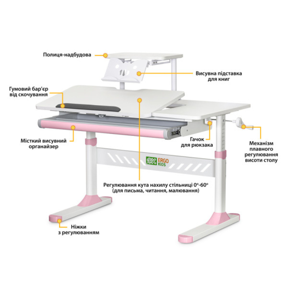 Парта ErgoKids з полицею Pink (TH-310 W/PN + BD-S30 PN)