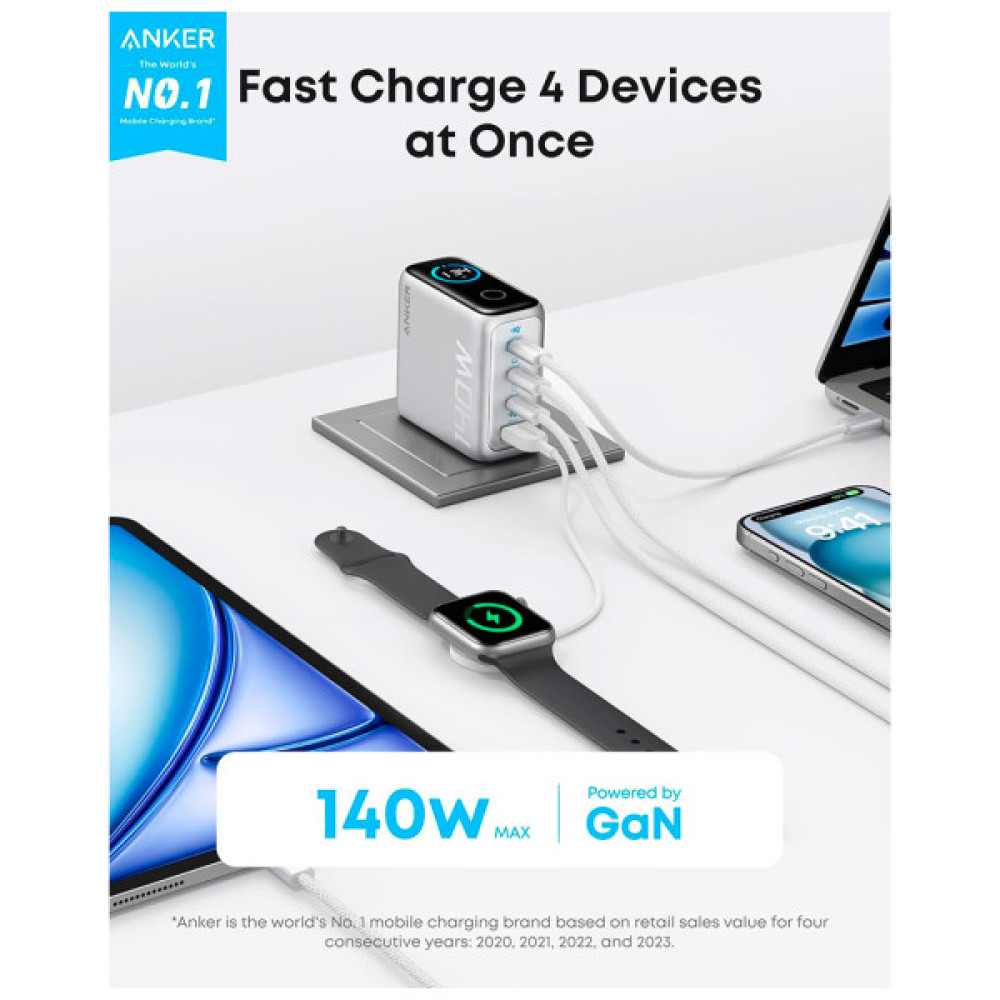 Зарядний пристрій Anker Laptop GaN 140W 3xUSB-C PD3.1 + USB-A + display + cable Silver (B2697G41)