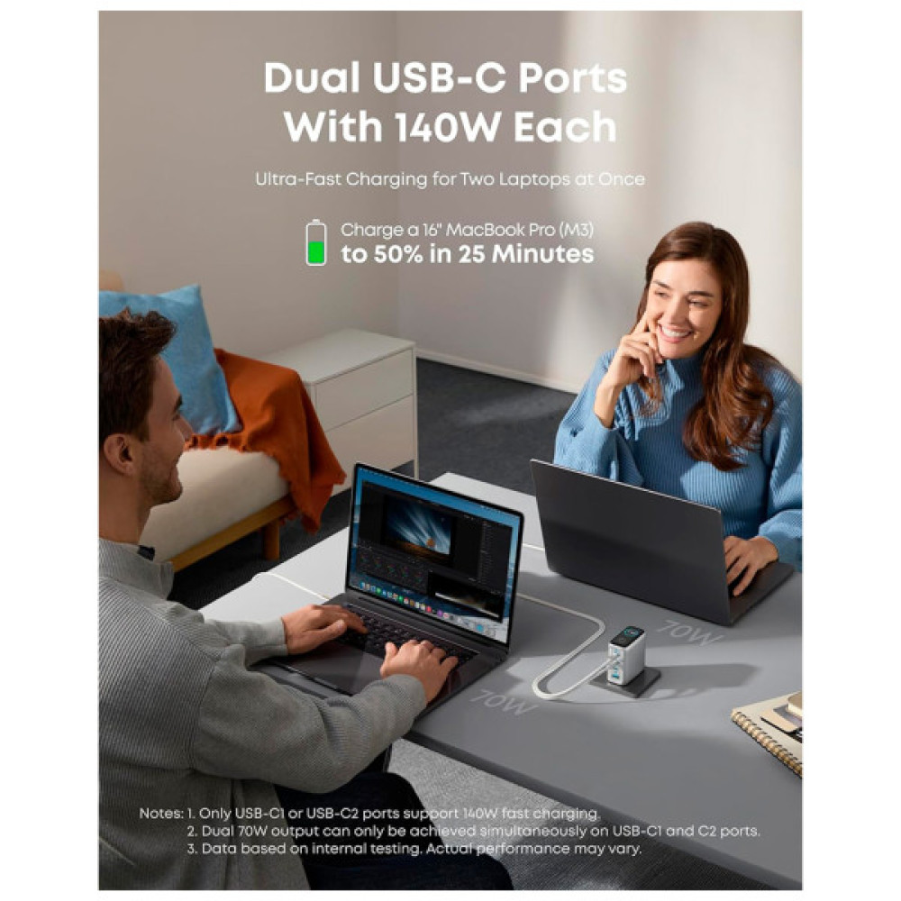 Зарядний пристрій Anker Laptop GaN 140W 3xUSB-C PD3.1 + USB-A + display + cable Silver (B2697G41)
