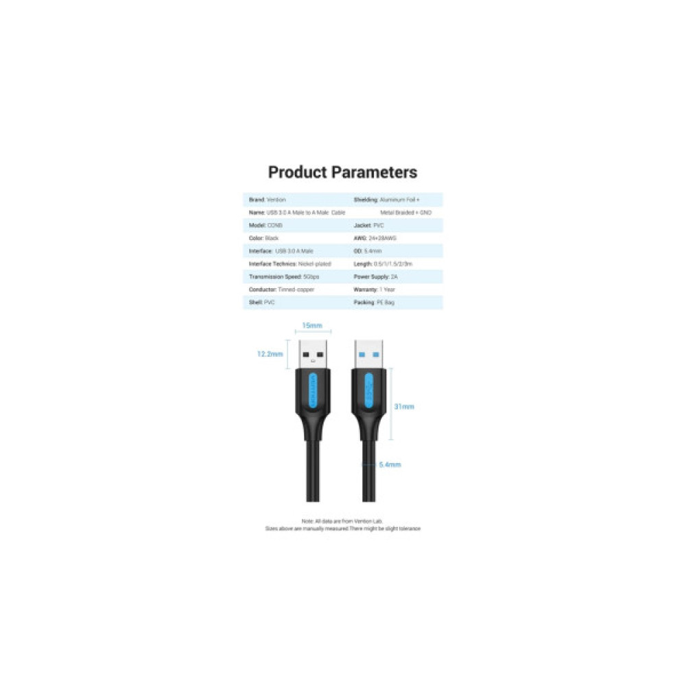 Дата кабель USB 3.0 AM/AM 1.5m PVC black Vention (CONBG)