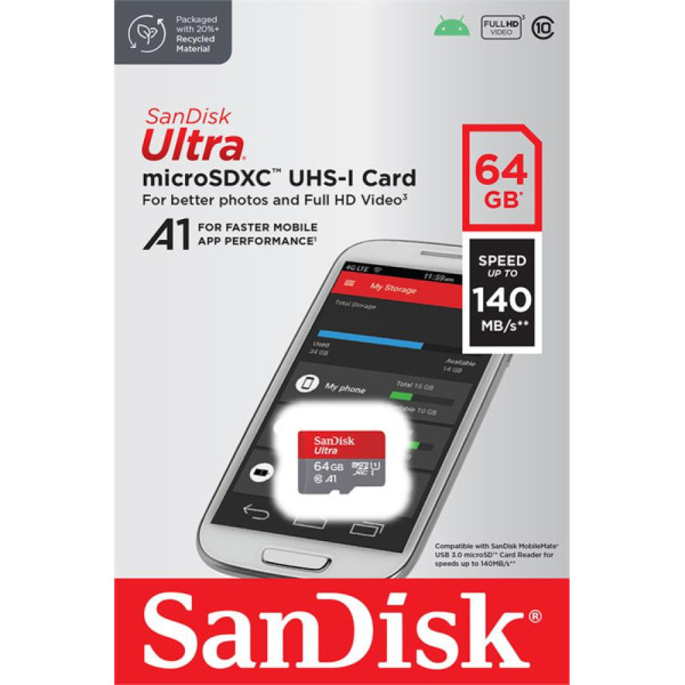 Карта пам'яті SanDisk microSD   64GB C10 UHS-I R140MB/s Ultra