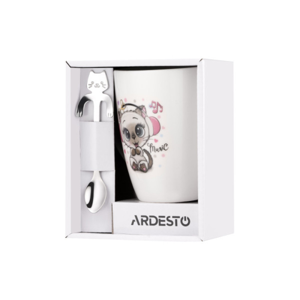 Чашка Ardesto Music, 320мл, порцеляна, нержавіюча сталь, білий (AR3041BS)