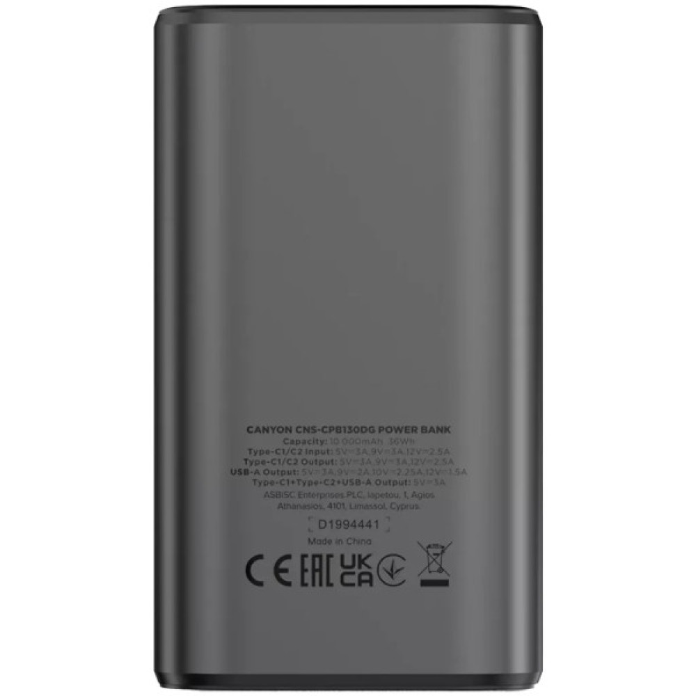 Батарея універсальна Canyon 10000mAh OnPower 130 TFT PD/30W Dark Grey (CNS-CPB130DG)