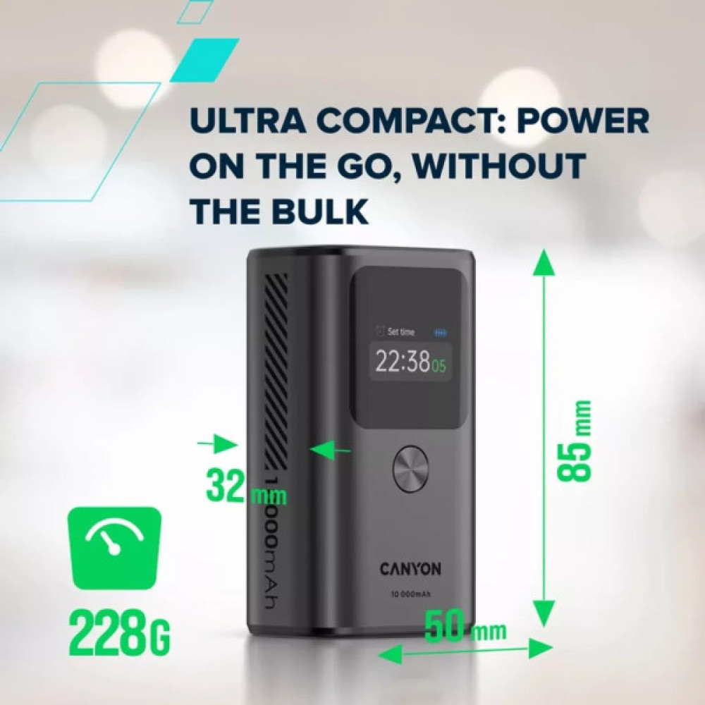 Батарея універсальна Canyon 10000mAh OnPower 130 TFT PD/30W Dark Grey (CNS-CPB130DG)