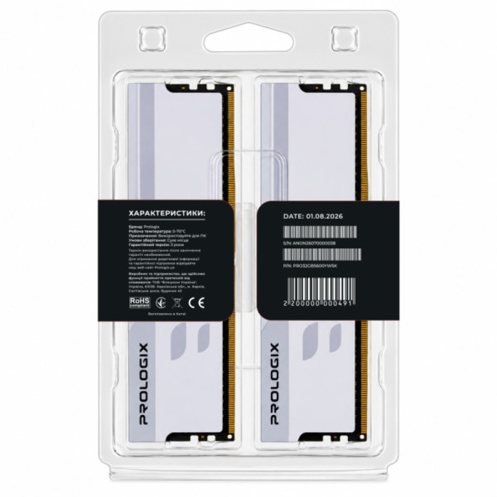 Модуль пам'яті для комп'ютера DDR5 32GB (2x16GB) 5600 MHz Onyx White Prologix (PRO32GB5600YW5K)