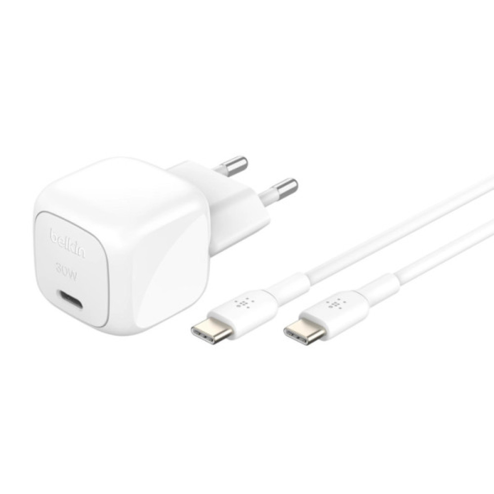 Зарядний пристрій Belkin USB-C PD30W PPS + cable USB-C to USB-C 1.0m PVC white (WCA008KQ1MWH-B6)