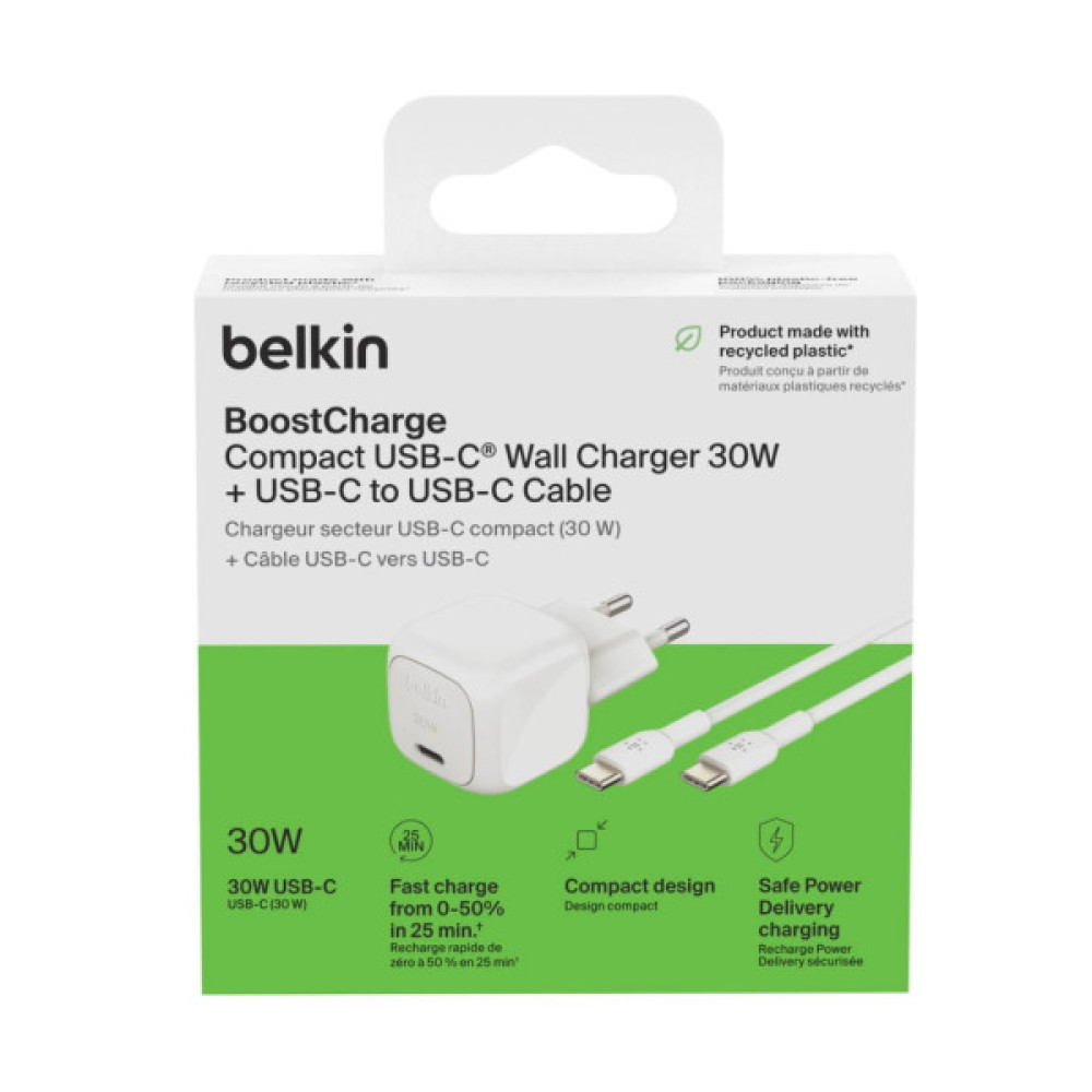 Зарядний пристрій Belkin USB-C PD30W PPS + cable USB-C to USB-C 1.0m PVC white (WCA008KQ1MWH-B6)