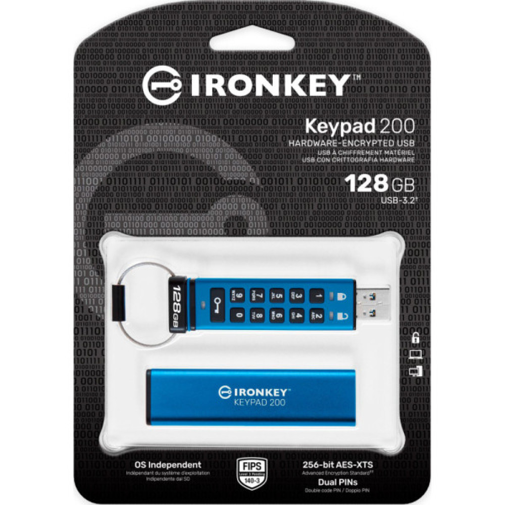 USB флеш накопичувач Kingston 128GB IronKey Keypad 200 AES-256 Encrypted Blue USB 3.2 (IKKP200/128GB)
