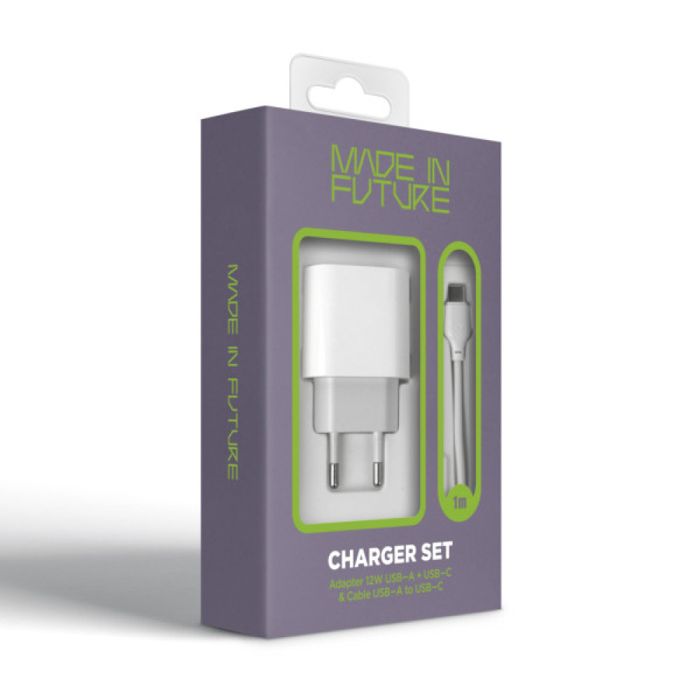 Зарядний пристрій MadeInFuture MFS12 12W 1xUSB-A + 1xUSB-C + cable USB-A to USB-C White (MIF82822)