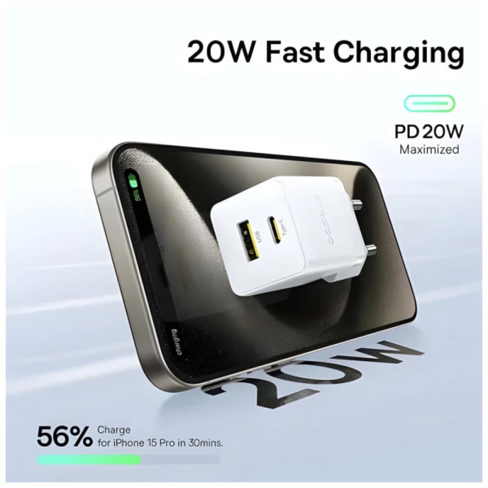 Зарядний пристрій Baseus 1xUSB-C 20W + 1xUSB white + cable USB-C to USB-C 60W 1.0m (P10111608213-01)
