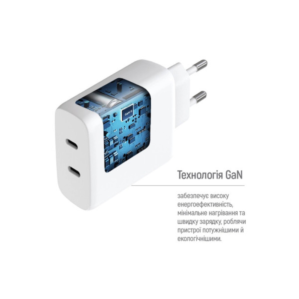 Зарядний пристрій ColorWay GaN Mini 50W PD Port PPS USB (Type-C PD 30W + Type-C PD 20W) white (CW-CHS050PD-WT)