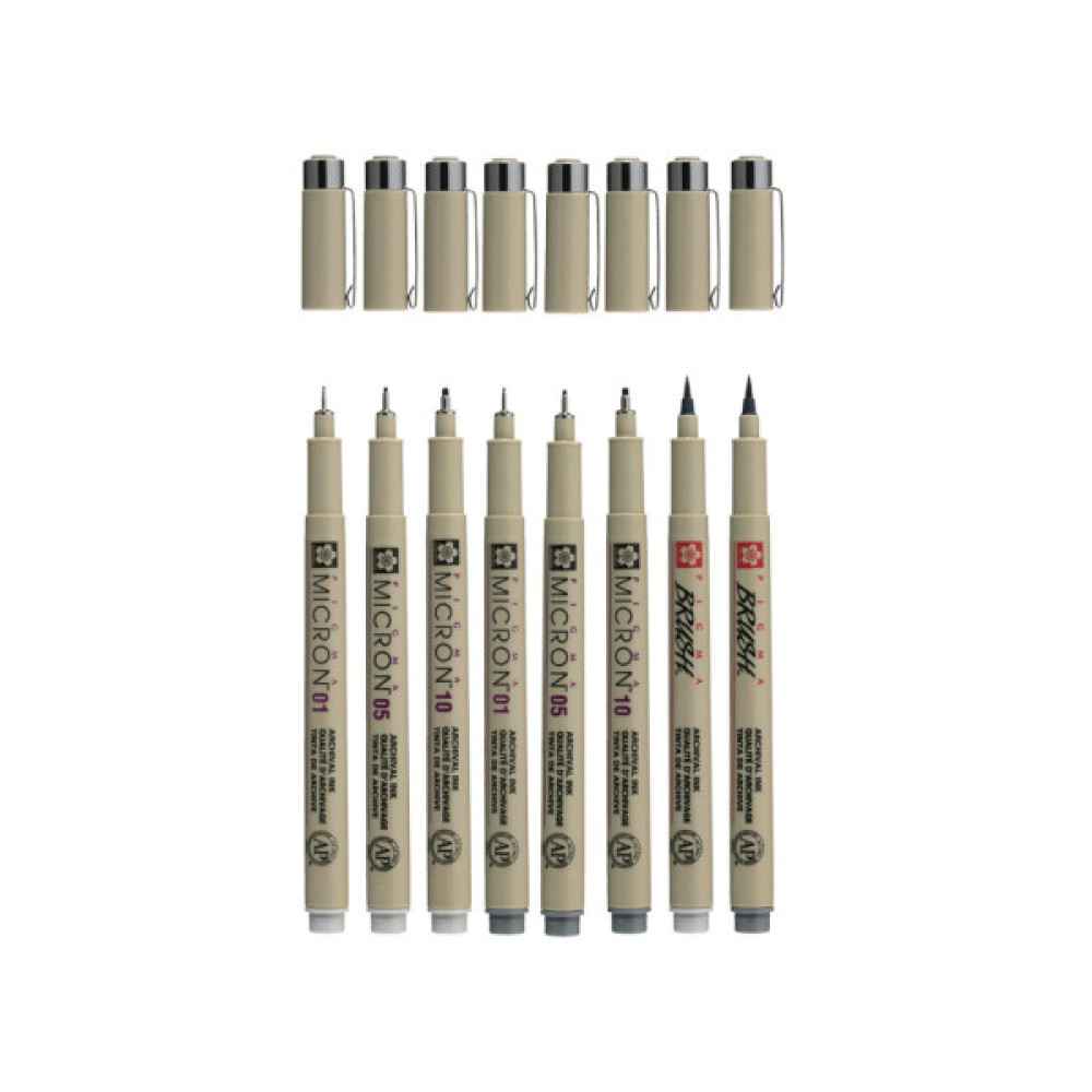 Лайнер Sakura Набір Pigma Micron 8шт, (0.1/0.5/10/лінер-пензель Pigma Brush), Сірий/Сірий світлий (8712079474300)