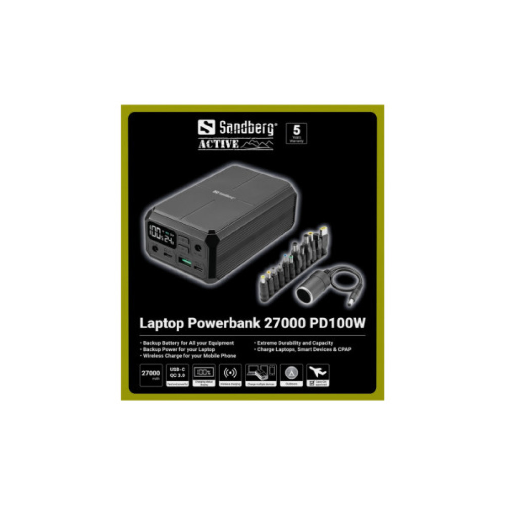 Батарея універсальна Sandberg 27000mAh Laptop DC12-24v 84W, PD/100W, QC/3.0, QI/10W, PowerThrough (421-13)