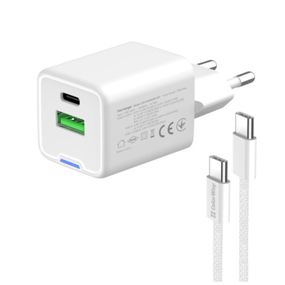 Зарядний пристрій ColorWay GaN Mini 30W PD Port PPS USB (Type-C PD + USB QC4.0) cable Type-C (CW-CHS053PDC-WT)