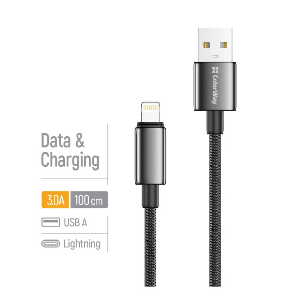 Дата кабель USB 2.0 AM to Lightning 1.0m 3A zinc alloy braided black ColorWay (CW-CBUL098-BK)