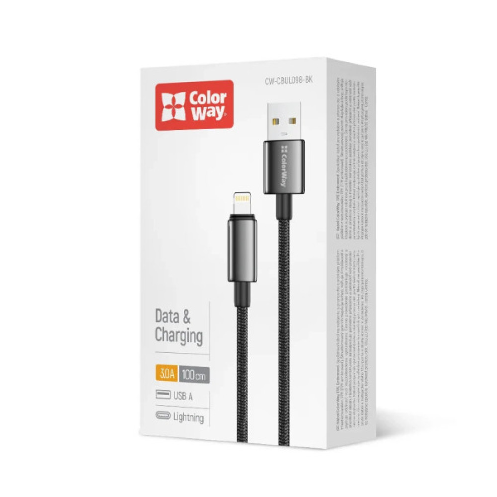 Дата кабель USB 2.0 AM to Lightning 1.0m 3A zinc alloy braided black ColorWay (CW-CBUL098-BK)