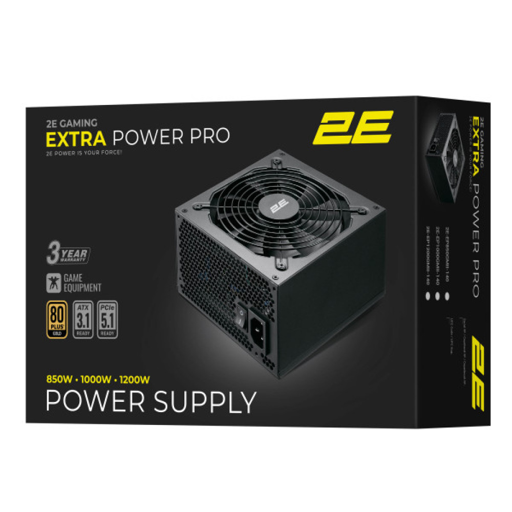 Блок живлення 2E GAMING Extra Power Pro ATX3.1 GEN5.0  (1000W), >90%, 80+ Gold, 140мм, 1xMB 24pin(20+4), 2xCPU 8pin(4+4), 3xMolex, 6xSATA, 4xPCIe 8pin(6+2), 1xPCIe GEN5 16pin, Full Modular