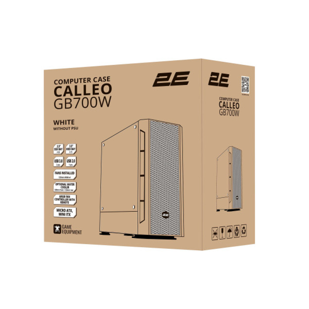 Корпус 2E GAMING Calleo GB700W без БЖ, 2xUSB3.0, 1xUSB2.0, 4x120мм ARGB, VGA 320мм, LCS ready, контролер з пультом, TG Side Window, mATX, білий