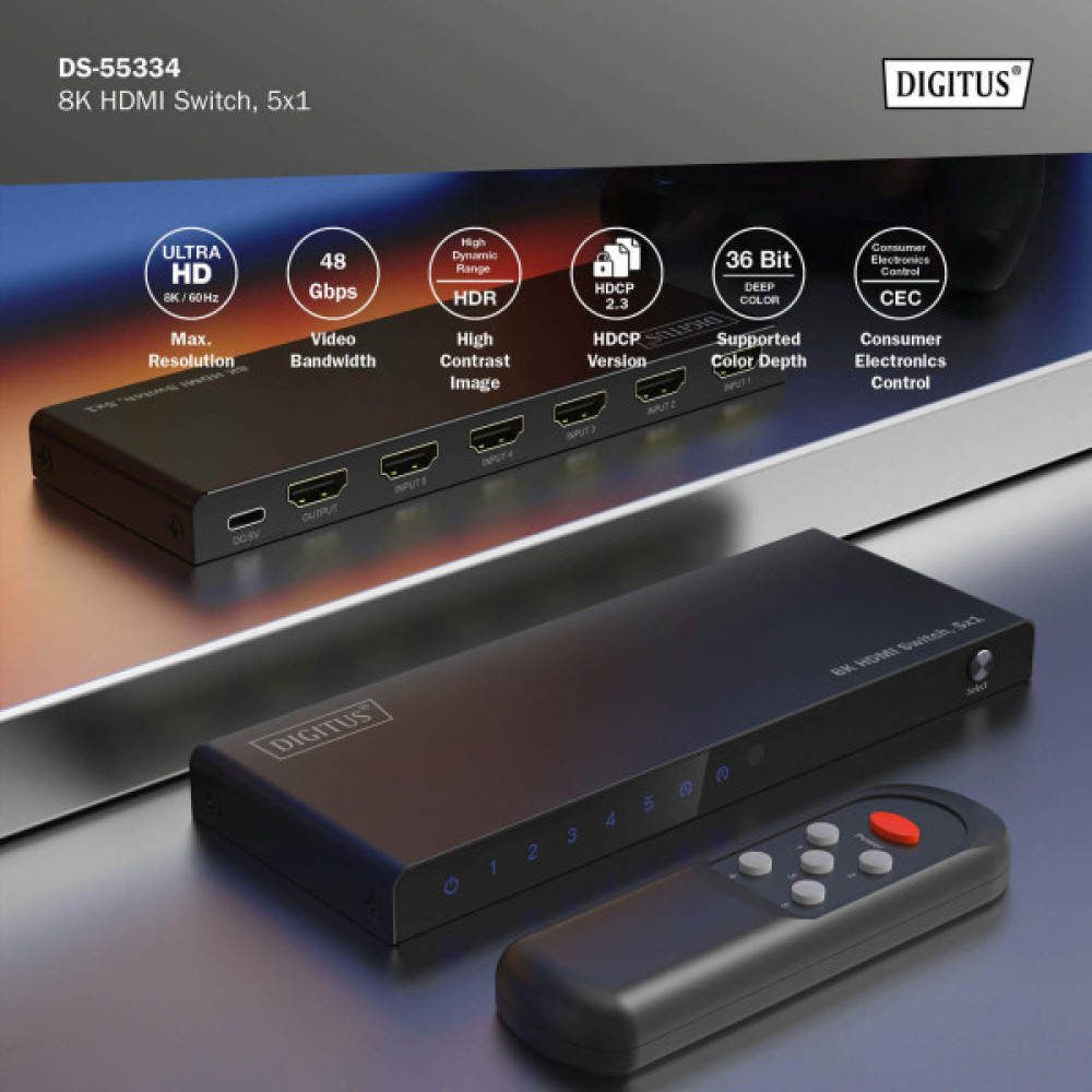 Відеокомутатор DIGITUS UHD HDMI (INx5 - OUTx1), 8K