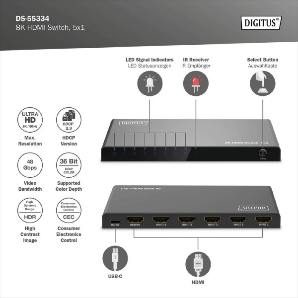 Відеокомутатор DIGITUS UHD HDMI (INx5 - OUTx1), 8K