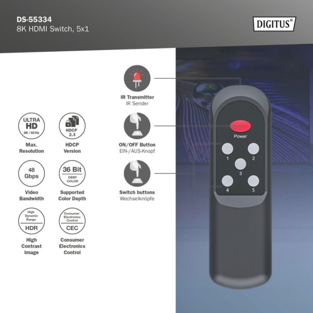 Відеокомутатор DIGITUS UHD HDMI (INx5 - OUTx1), 8K