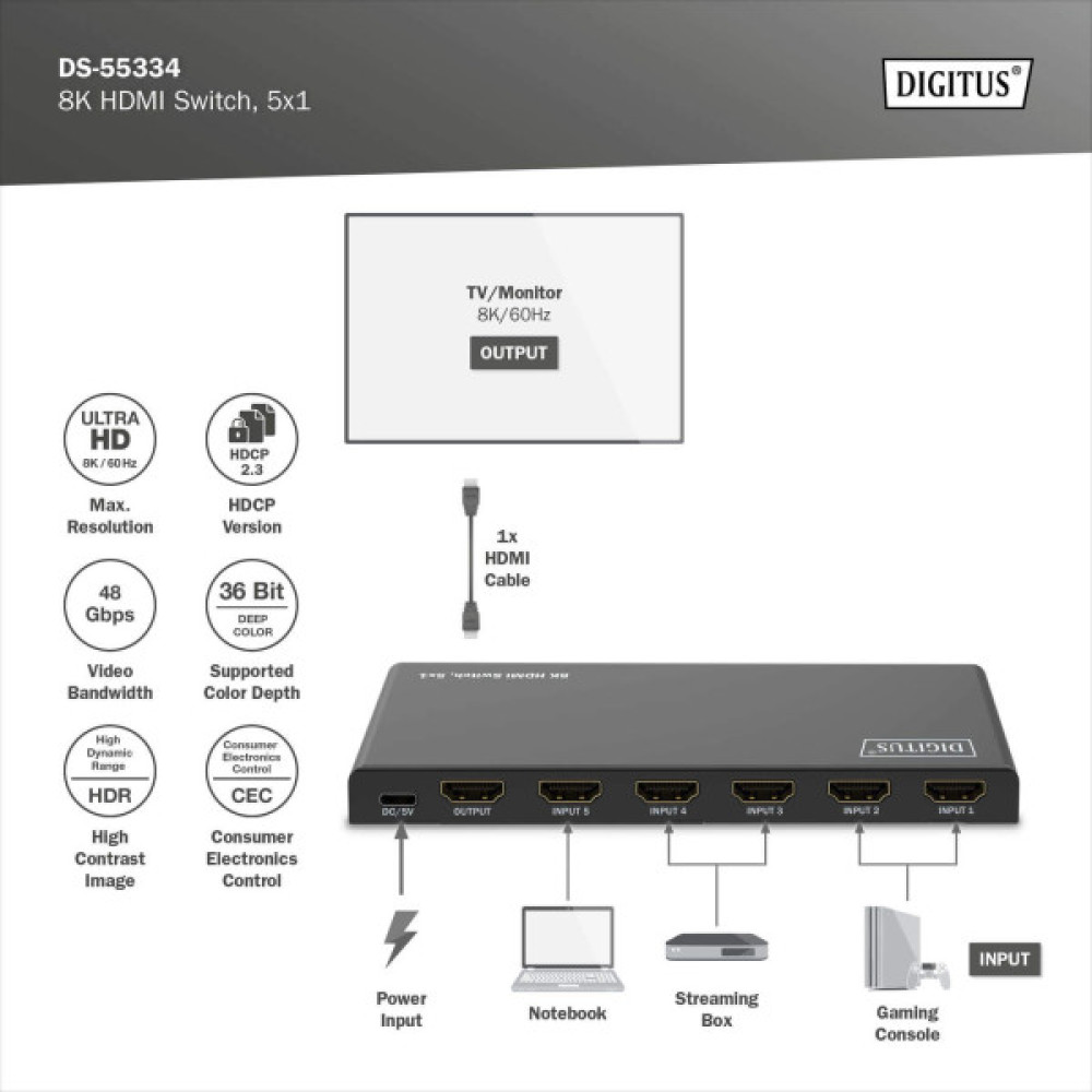 Відеокомутатор DIGITUS UHD HDMI (INx5 - OUTx1), 8K