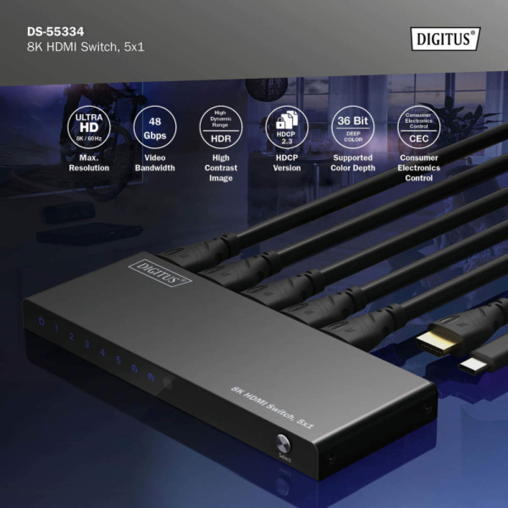 Відеокомутатор DIGITUS UHD HDMI (INx5 - OUTx1), 8K