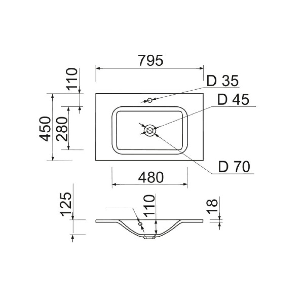 Раковина, умивальник Adamant FRATE, штучний камінь, прямокут., з отвором для змішувача, з отвором для переливу, 795x450x1525мм, накладний, білий