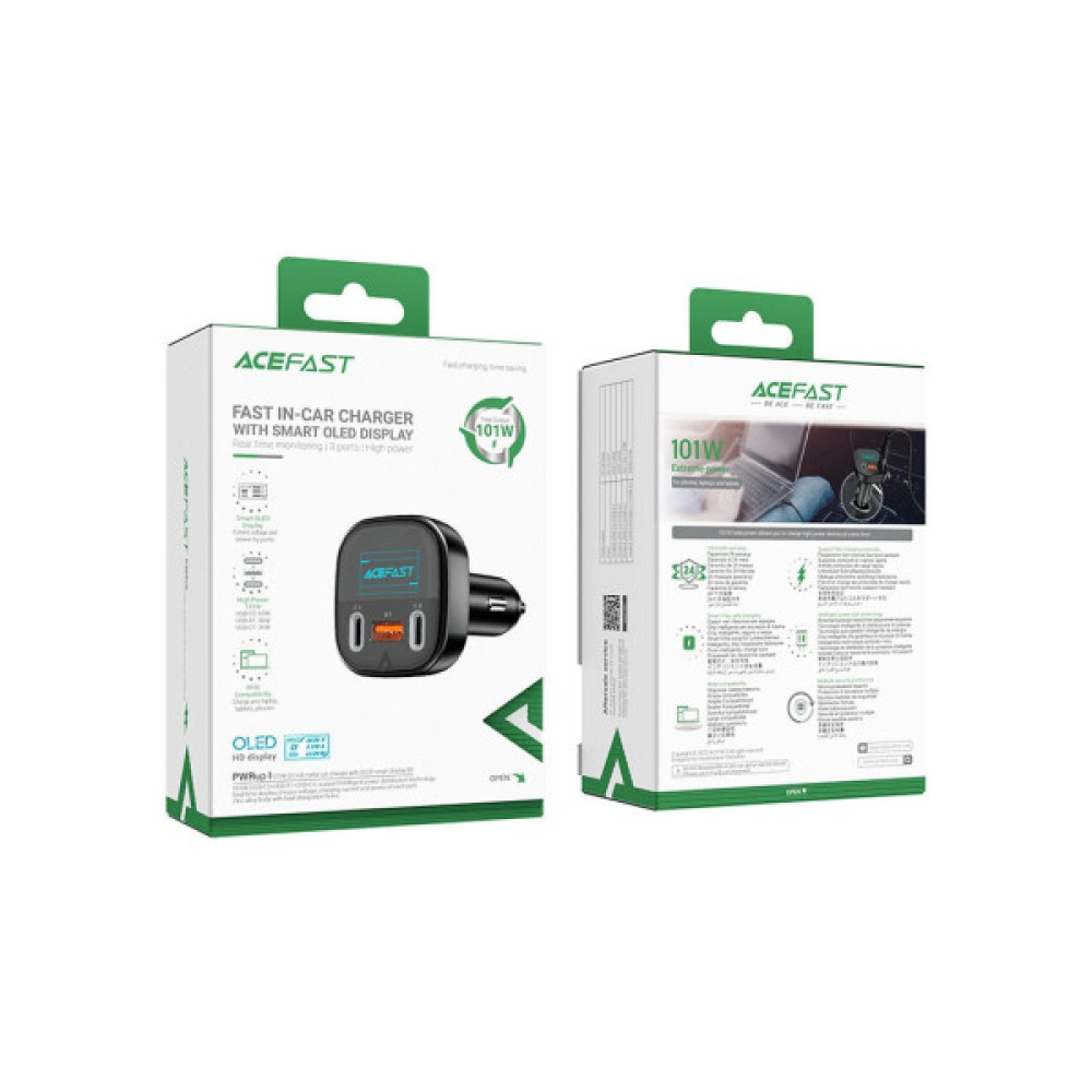 Зарядний пристрій Acefast B5 Car Charger 2xUSB-C + 1xUSB-A 101W OLED smart display Metal Black (6974316281436)