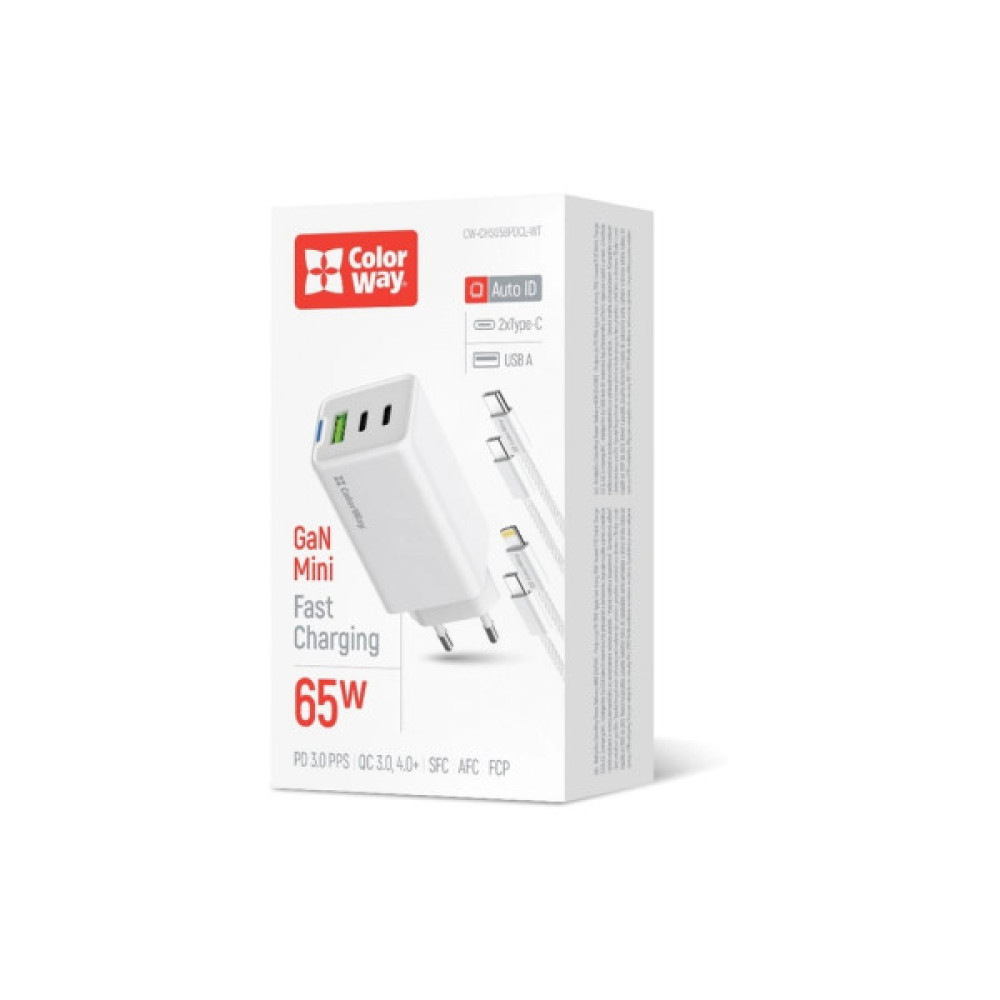 Зарядний пристрій ColorWay GaN Mini 65W PD Port PPS USB (USB-2C1A) cable Type-C&Lightning (CW-CHS058PDCL-WT)