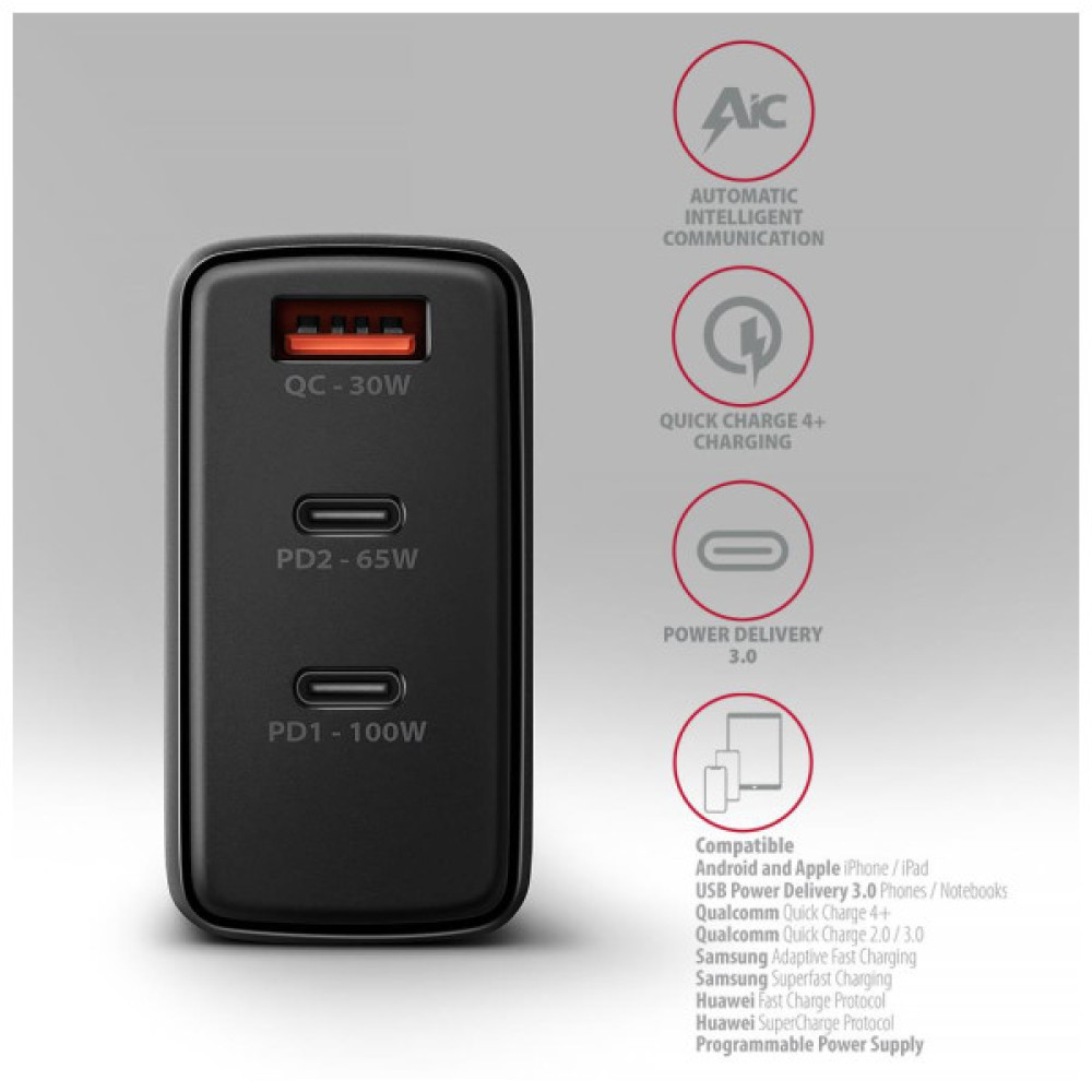 Зарядний пристрій AXAGON 1xUSB + 2xUSB-C 100W QC4+ PD3.0 PPS black (ACU-DPQ100)