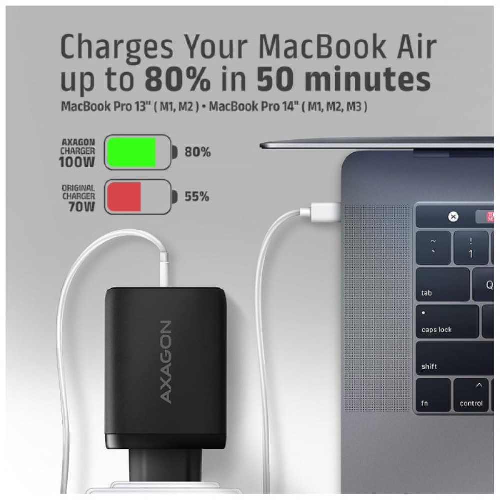 Зарядний пристрій AXAGON 1xUSB + 2xUSB-C 100W QC4+ PD3.0 PPS black (ACU-DPQ100)