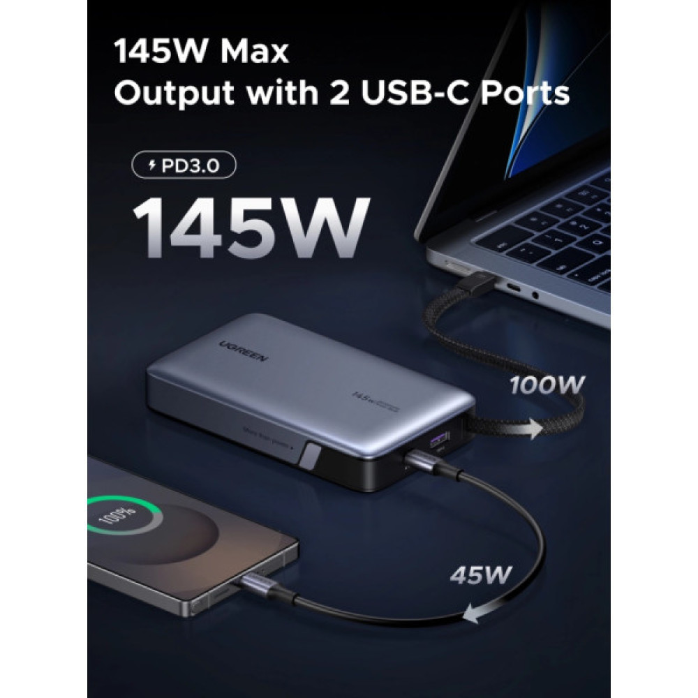 Батарея універсальна Ugreen 20000mAh 145W with Built-in Cable (PB551 55992B)