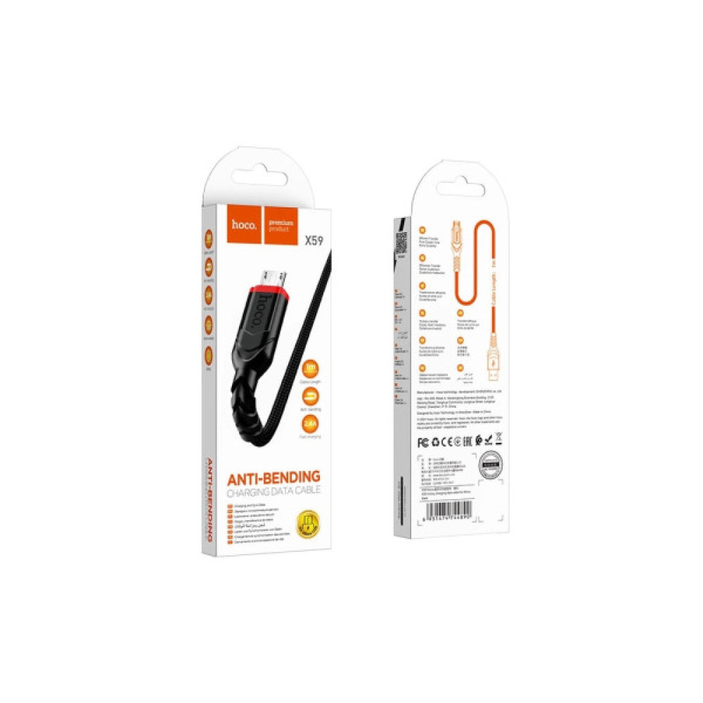 Дата кабель USB 2.0 AM to Micro 5P 1.0m 2.4A nylon X59 black HOCO (6931474744890)